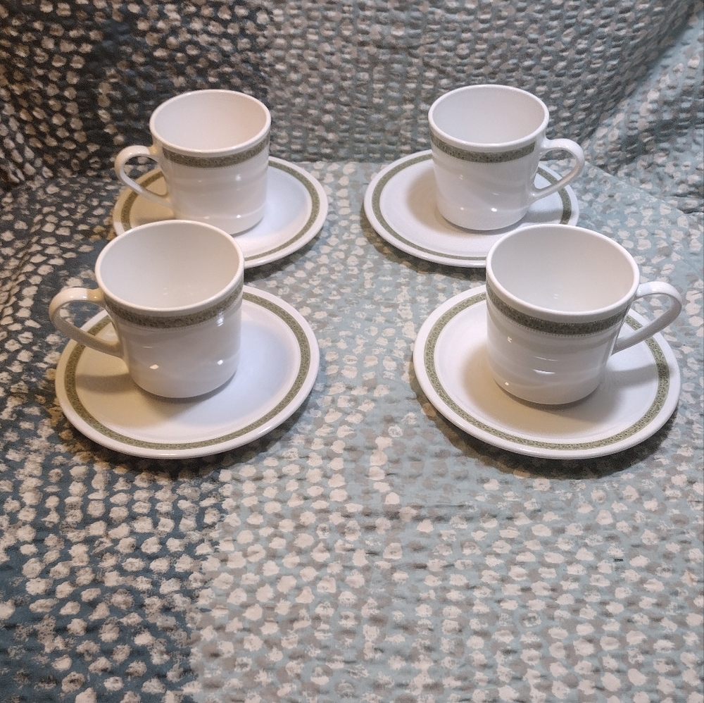 4 vintage tea cup and saucer sets " Centura by Corning"( LYNWOOD GREEN PATTERN )